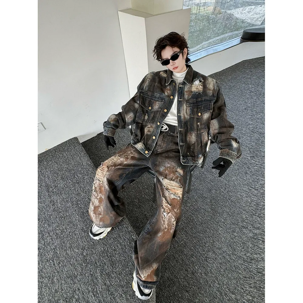 セットアップ カジュアル カッコイイ ダメージ ジャケット+デニムパンツ