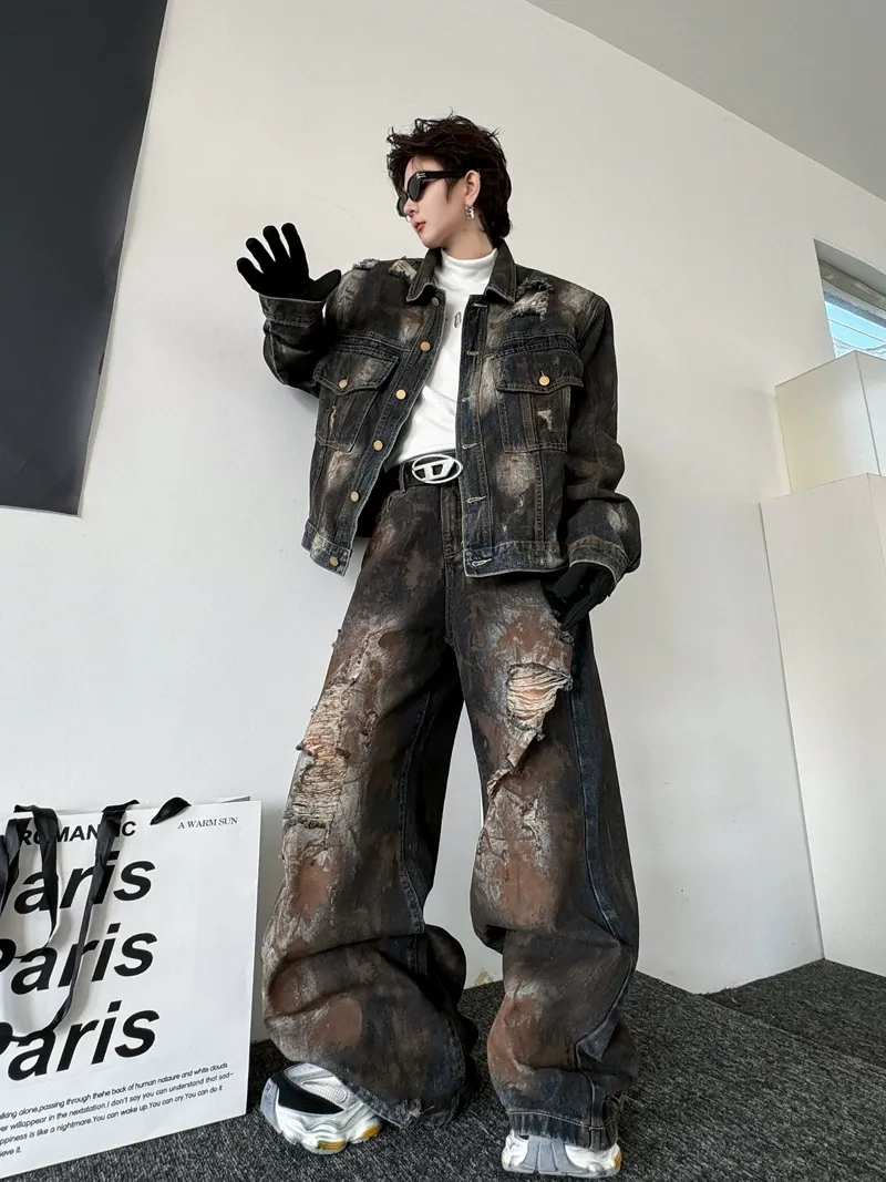 セットアップ カジュアル カッコイイ ダメージ ジャケット+デニムパンツ