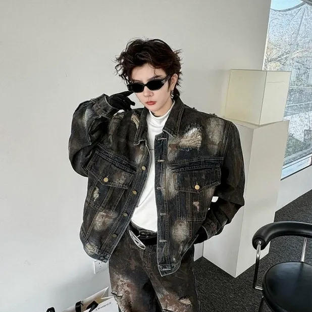 セットアップ カジュアル カッコイイ ダメージ ジャケット+デニムパンツ