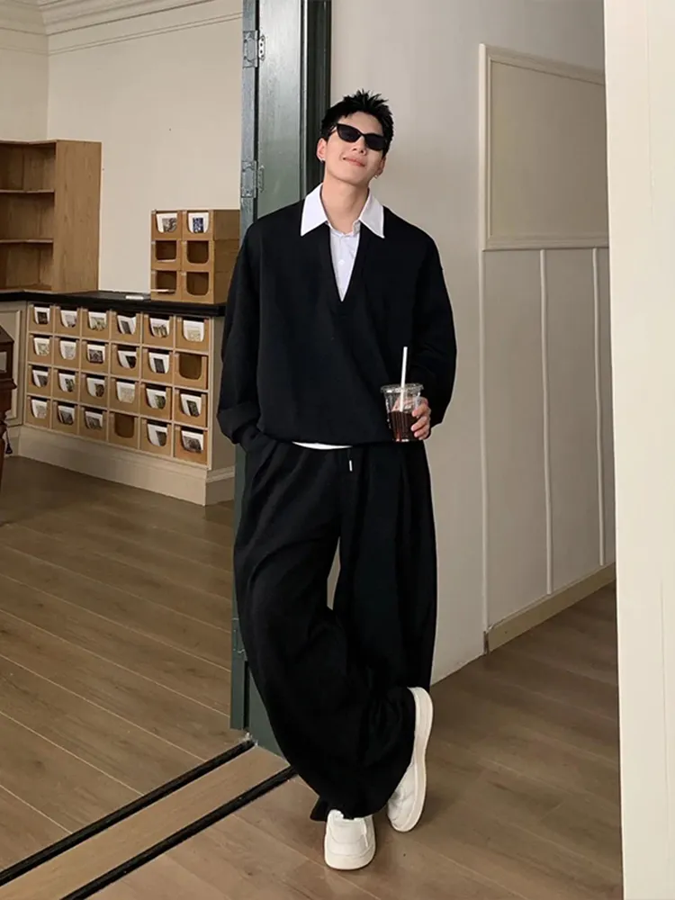 セットアップ フェイクレイヤード カジュアル トレーナー+長ズボン セット