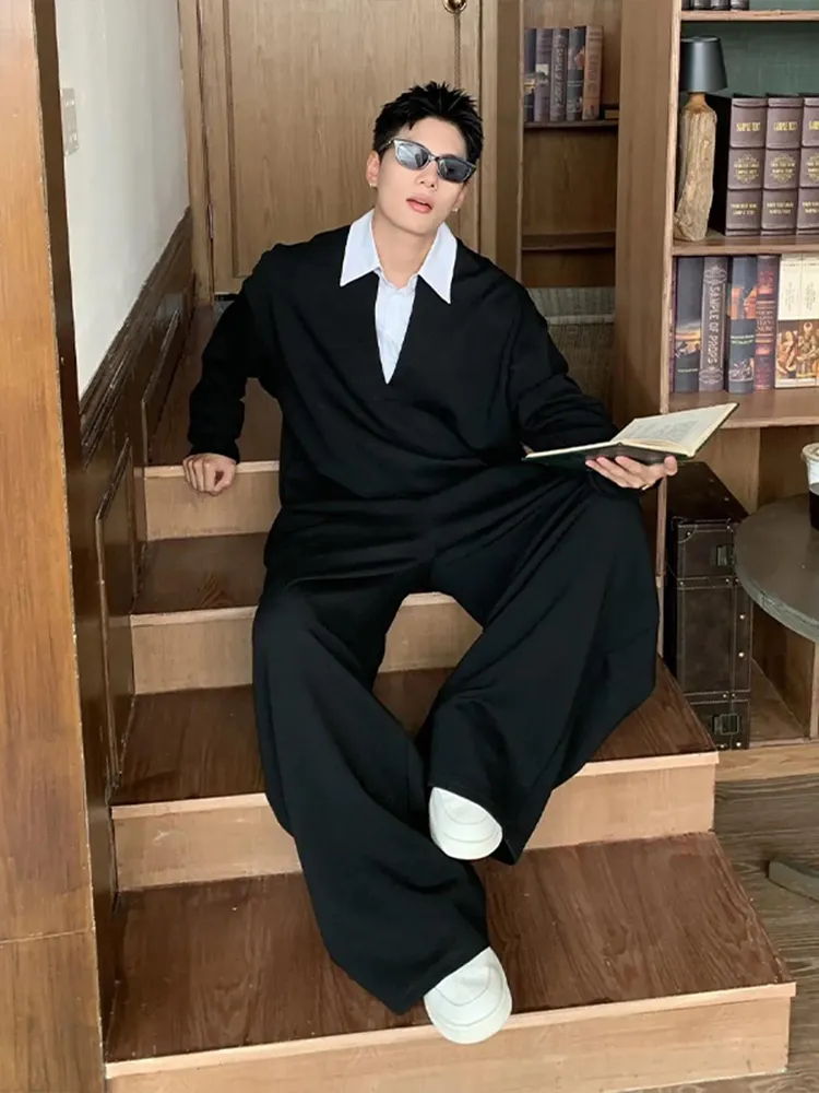 セットアップ フェイクレイヤード カジュアル トレーナー+長ズボン セット