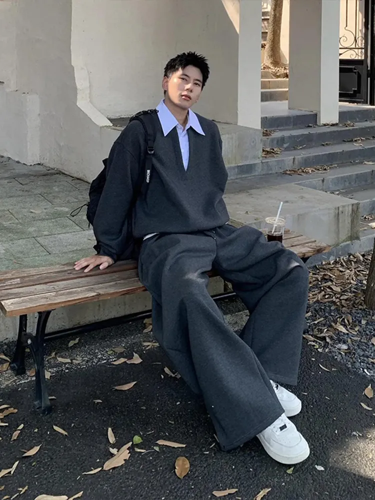 セットアップ フェイクレイヤード カジュアル トレーナー+長ズボン セット