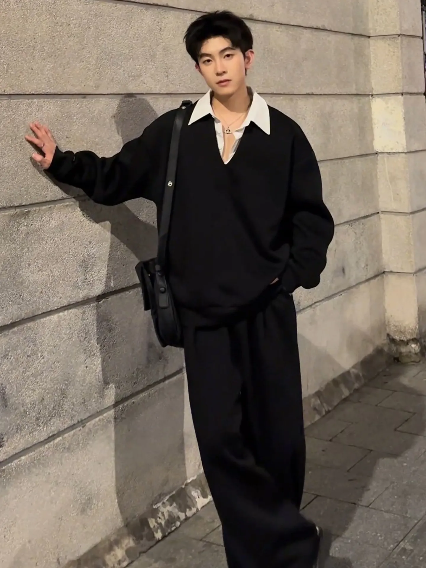 フェイクレイヤード vネック トレーナー 長ズボン セットアップ