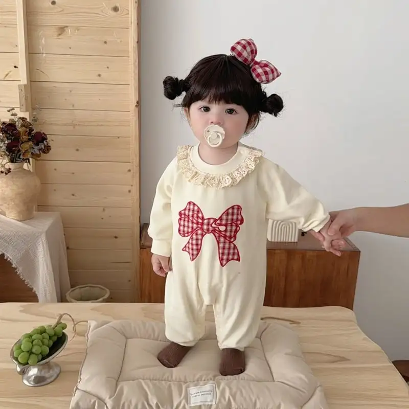 【66-100cm】レッド蝶結びプリントロンパース