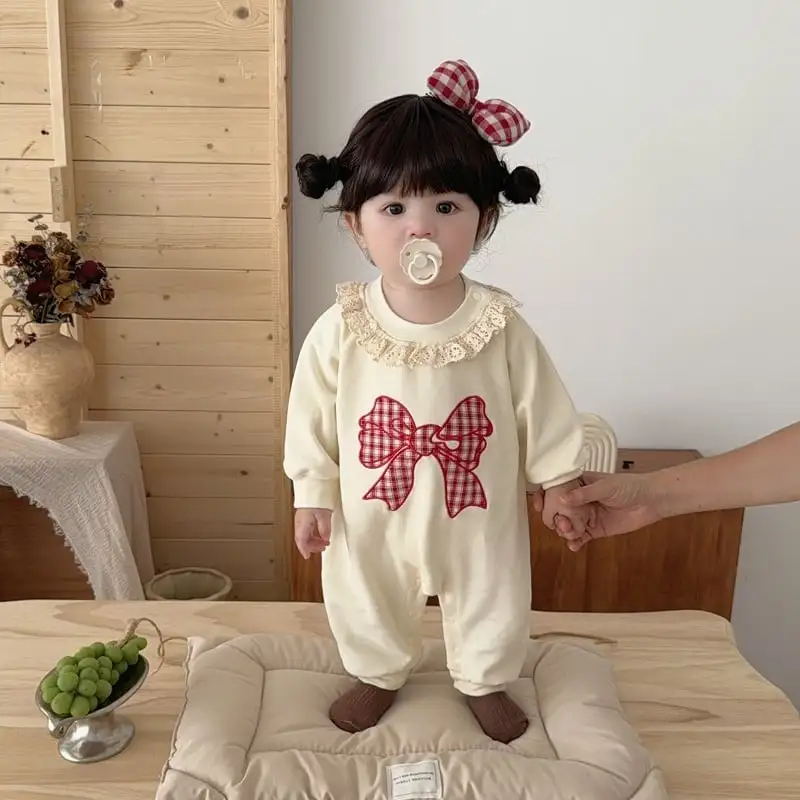 【66-100cm】レッド蝶結びプリントロンパース