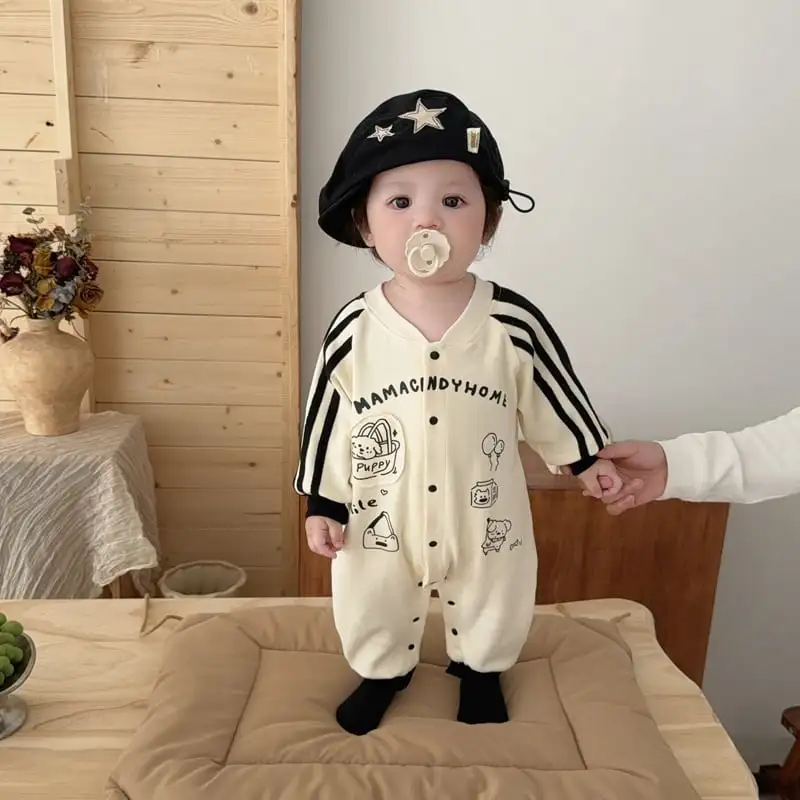 【66-100cm】ストライプ袖 ロンパース