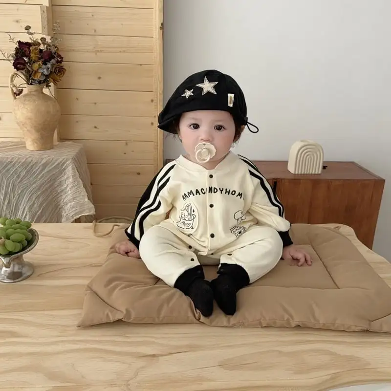 【66-100cm】ストライプ袖 ロンパース