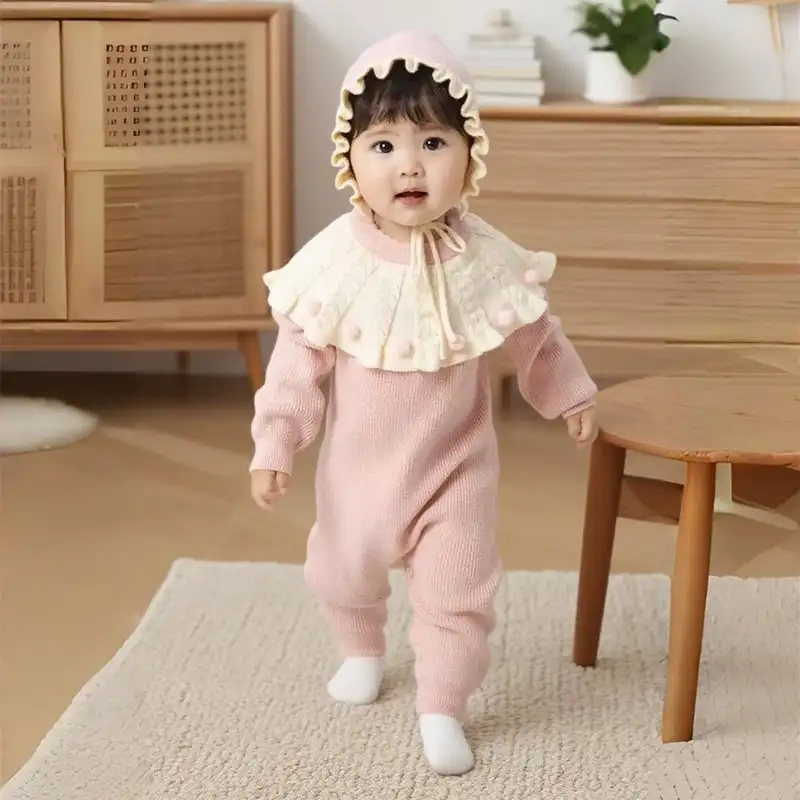 【66-90cm】フリル襟暖かいオールインワン&帽子