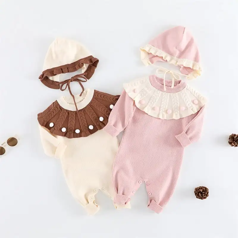 【66-90cm】フリル襟暖かいオールインワン&帽子