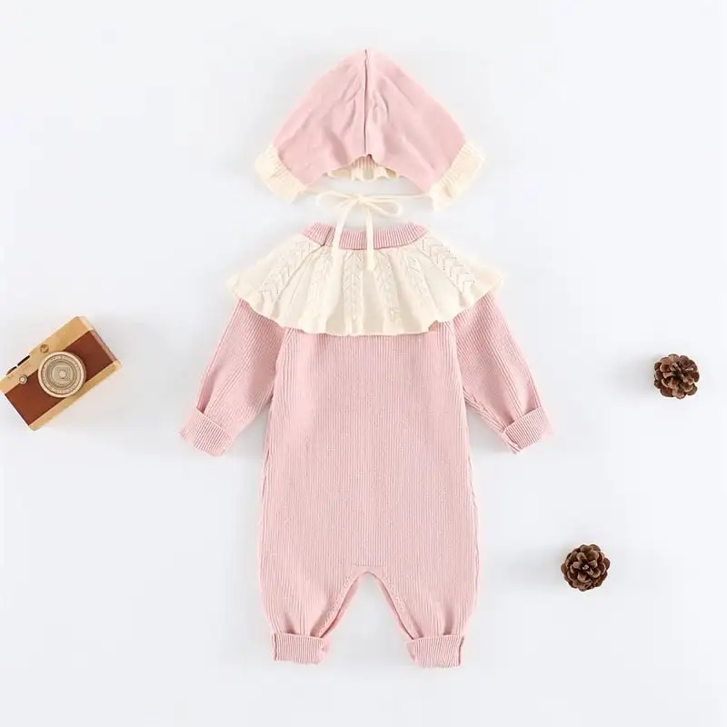 【66-90cm】フリル襟暖かいオールインワン&帽子