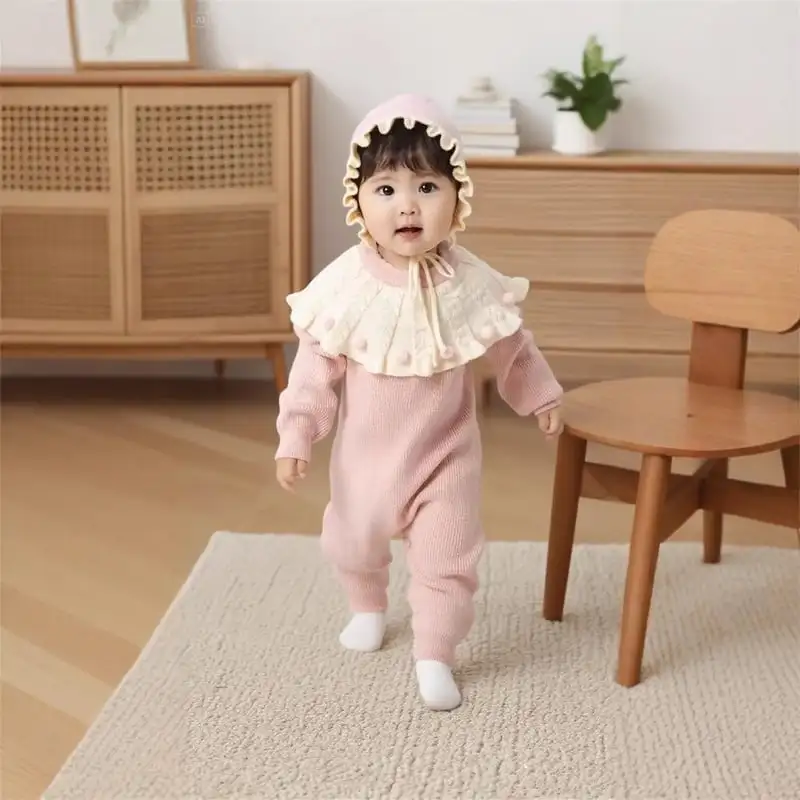 【66-90cm】フリル襟暖かいオールインワン&帽子