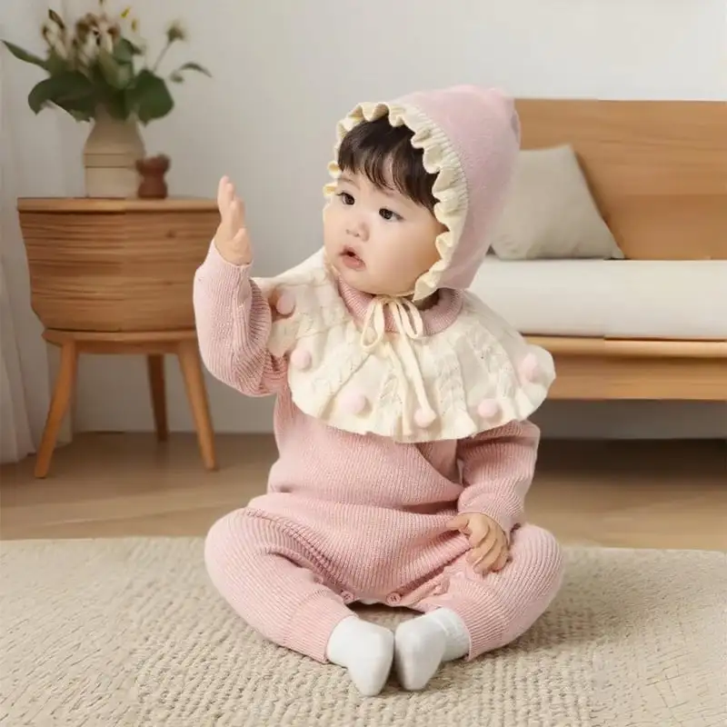 【66-90cm】フリル襟暖かいオールインワン&帽子