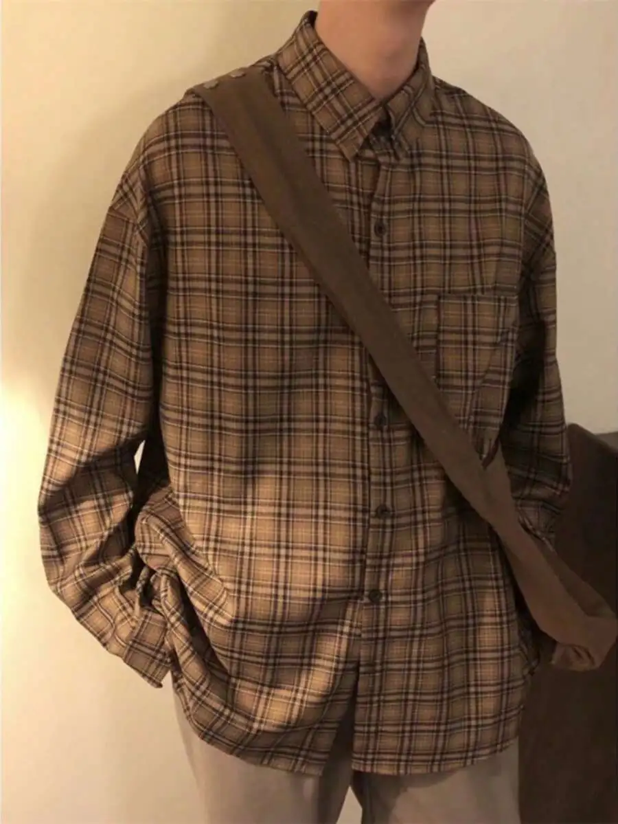 レトロ チェック 長袖 シャツ ゆったり カジュアル シャツコート