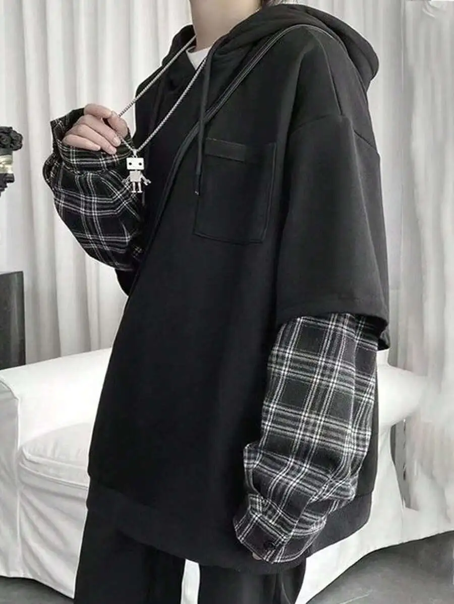 カジュアル ルーズ チェック柄 コントラストスリーブ ドロップショルダー 紐付きパーカー