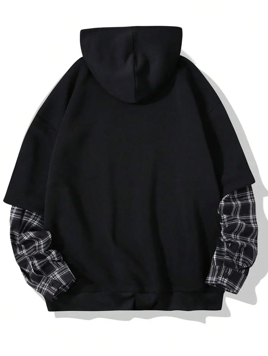 カジュアル ルーズ チェック柄 コントラストスリーブ ドロップショルダー 紐付きパーカー