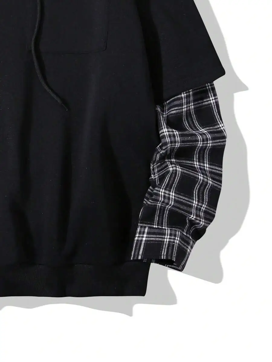 カジュアル ルーズ チェック柄 コントラストスリーブ ドロップショルダー 紐付きパーカー