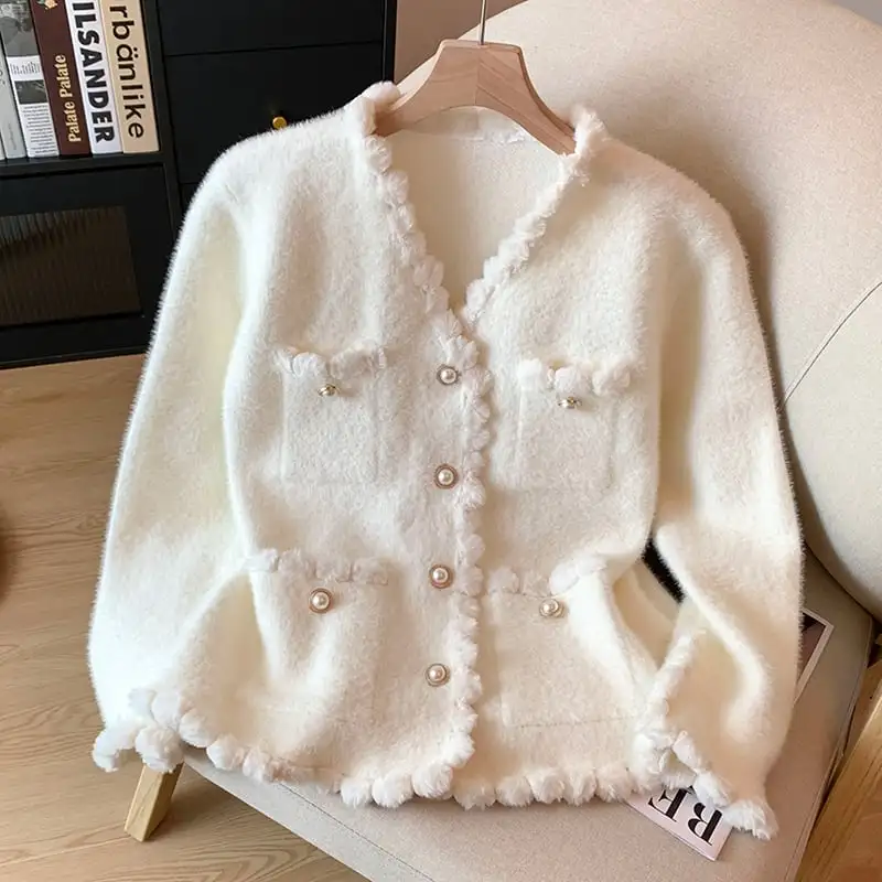 トップス セーター ミンク風 シングルブレスト スウィート 長袖 ホワイト イエロー