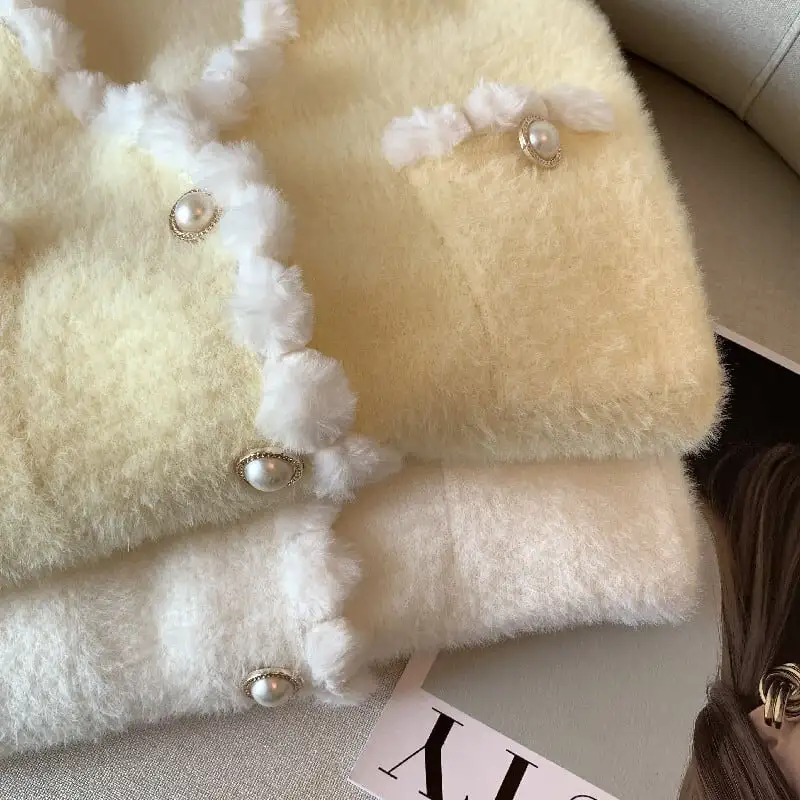 トップス セーター ミンク風 シングルブレスト スウィート 長袖 ホワイト イエロー