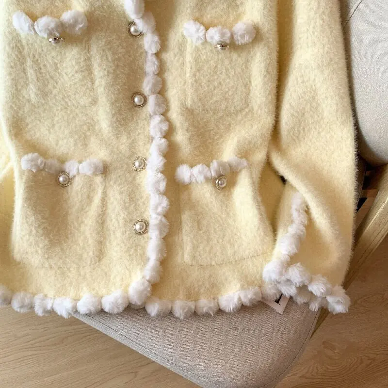 トップス セーター ミンク風 シングルブレスト スウィート 長袖 ホワイト イエロー