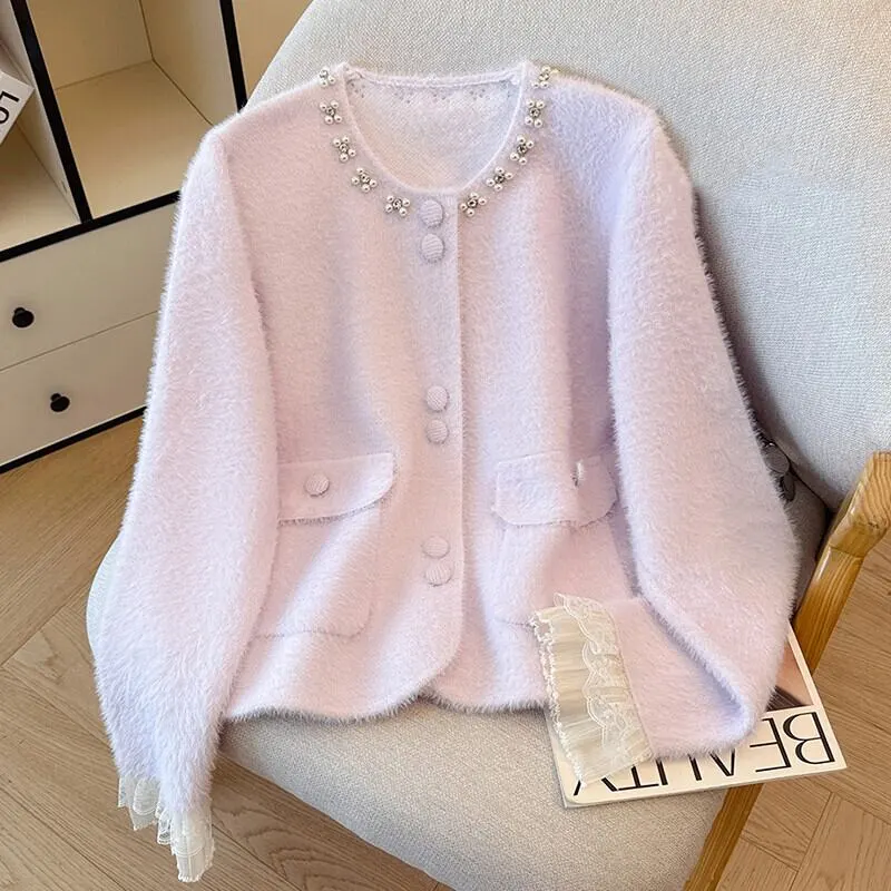 4colors トップス セーター ミンク風 シングルブレスト ラインストーン