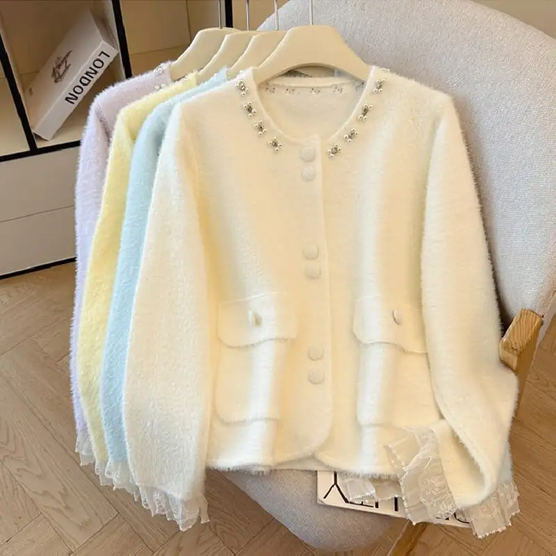 4colors トップス セーター ミンク風 シングルブレスト ラインストーン