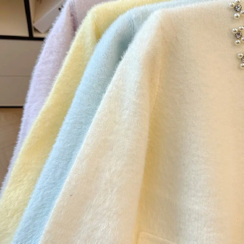 4colors トップス セーター ミンク風 シングルブレスト ラインストーン