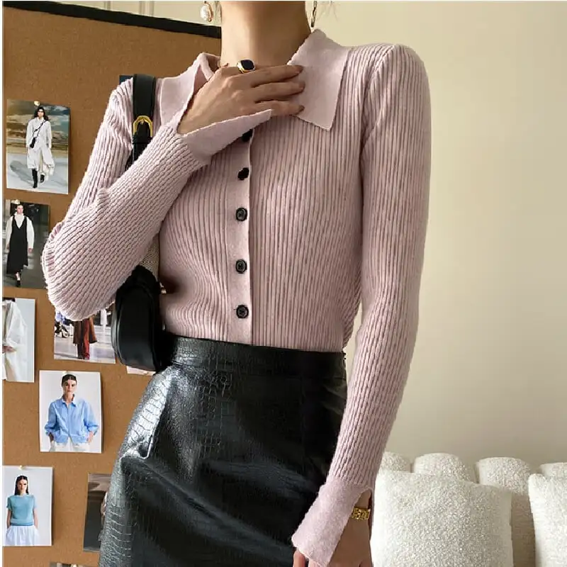 6colors トップス ニット 長袖 POLOネック シングルブレスト ベージュ ブラック パープル ブルー イエロー ピンク