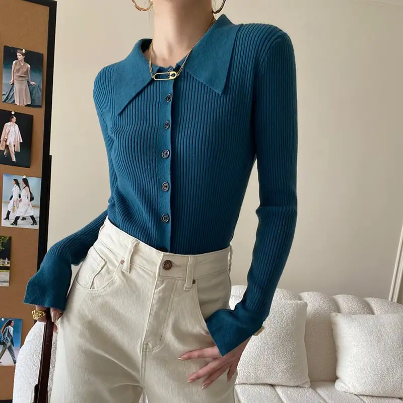 6colors トップス ニット 長袖 POLOネック シングルブレスト ベージュ ブラック パープル ブルー イエロー ピンク