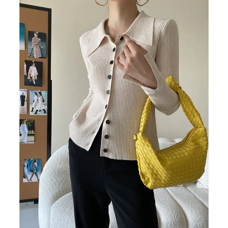 6colors トップス ニット 長袖 POLOネック シングルブレスト ベージュ ブラック パープル ブルー イエロー ピンク