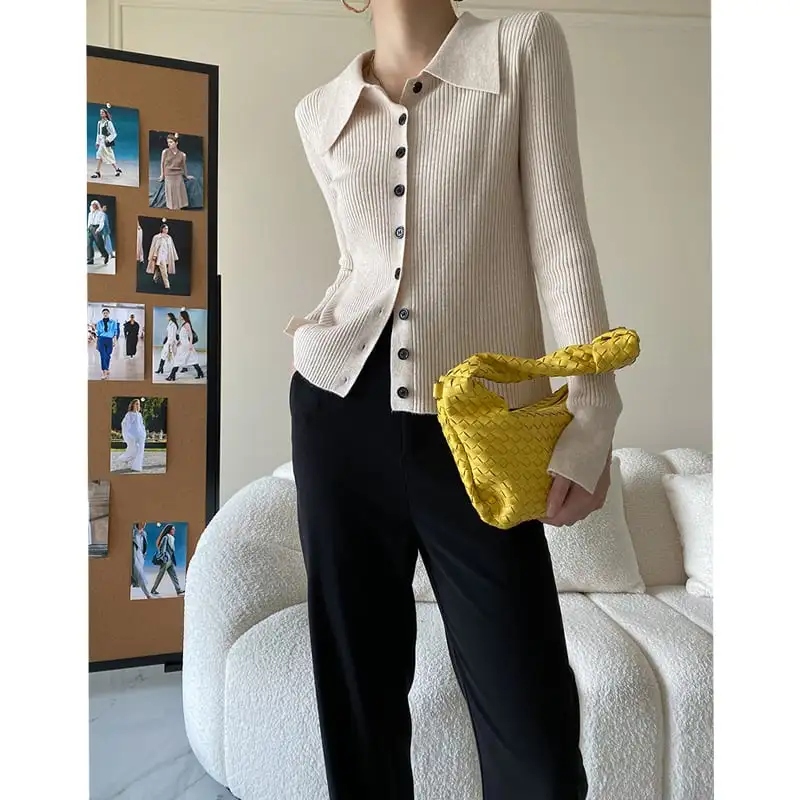 6colors トップス ニット 長袖 POLOネック シングルブレスト ベージュ ブラック パープル ブルー イエロー ピンク