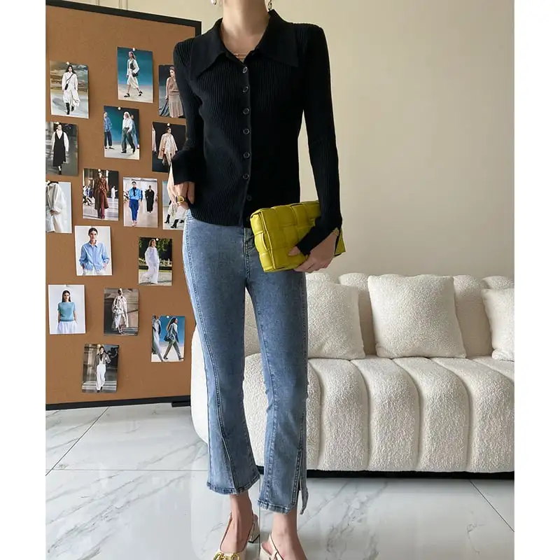 6colors トップス ニット 長袖 POLOネック シングルブレスト ベージュ ブラック パープル ブルー イエロー ピンク