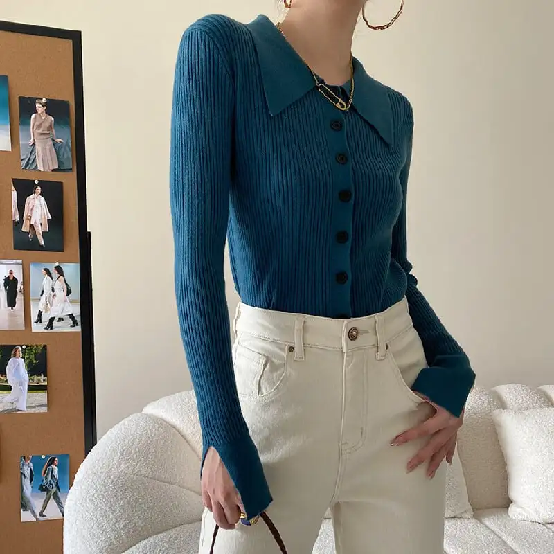 6colors トップス ニット 長袖 POLOネック シングルブレスト ベージュ ブラック パープル ブルー イエロー ピンク