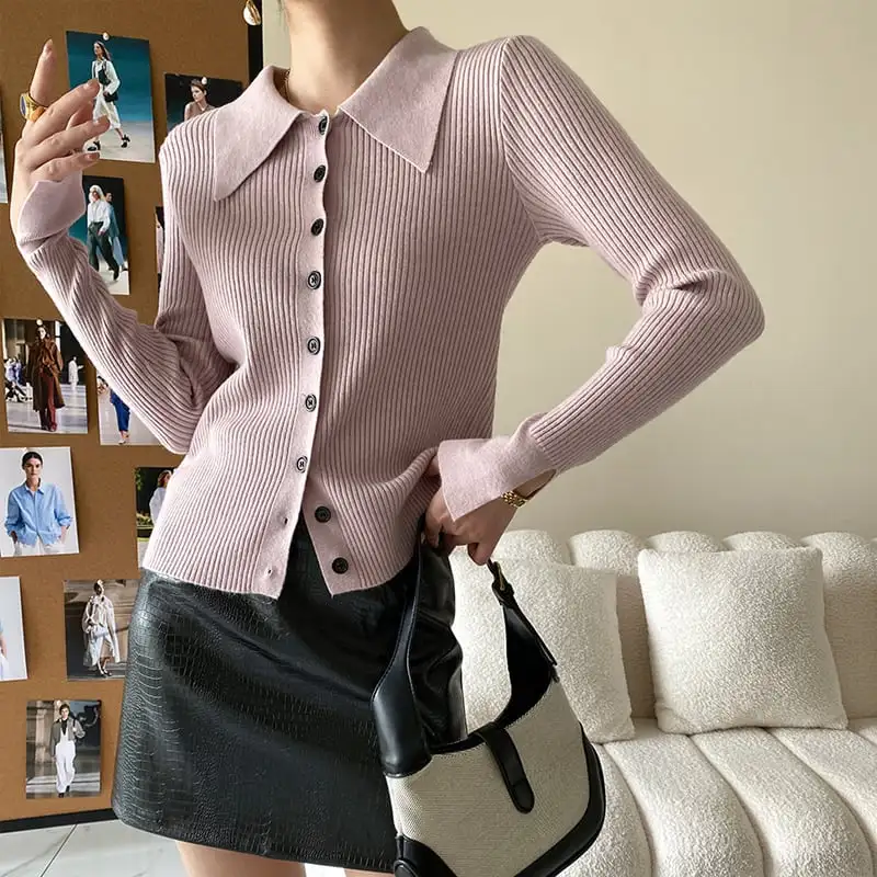 6colors トップス ニット 長袖 POLOネック シングルブレスト ベージュ ブラック パープル ブルー イエロー ピンク