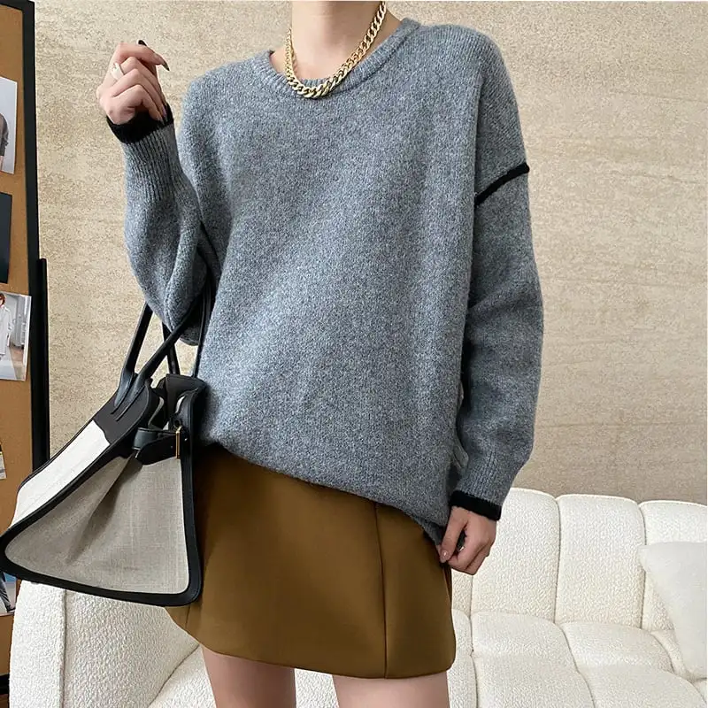 トップス ニットセーター 長袖 ラウンドネック 配色 ゆるい