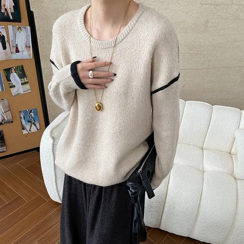 トップス ニットセーター 長袖 ラウンドネック 配色 ゆるい