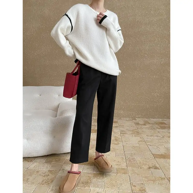 トップス ニットセーター 長袖 ラウンドネック 配色 ゆるい