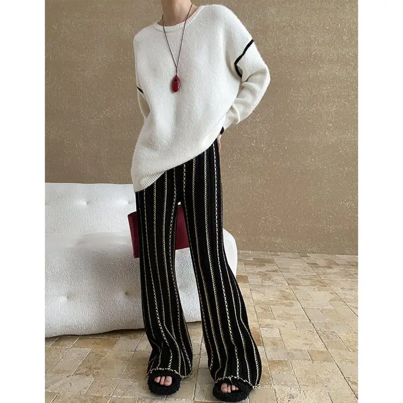 トップス ニットセーター 長袖 ラウンドネック 配色 ゆるい