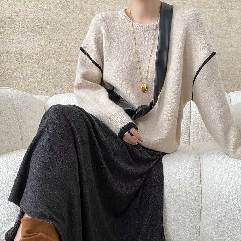 トップス ニットセーター 長袖 ラウンドネック 配色 ゆるい