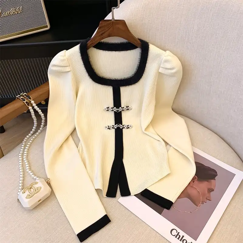 トップス セーター 2色展開 スクエアネック 配色 ブラック ベージュ S M L