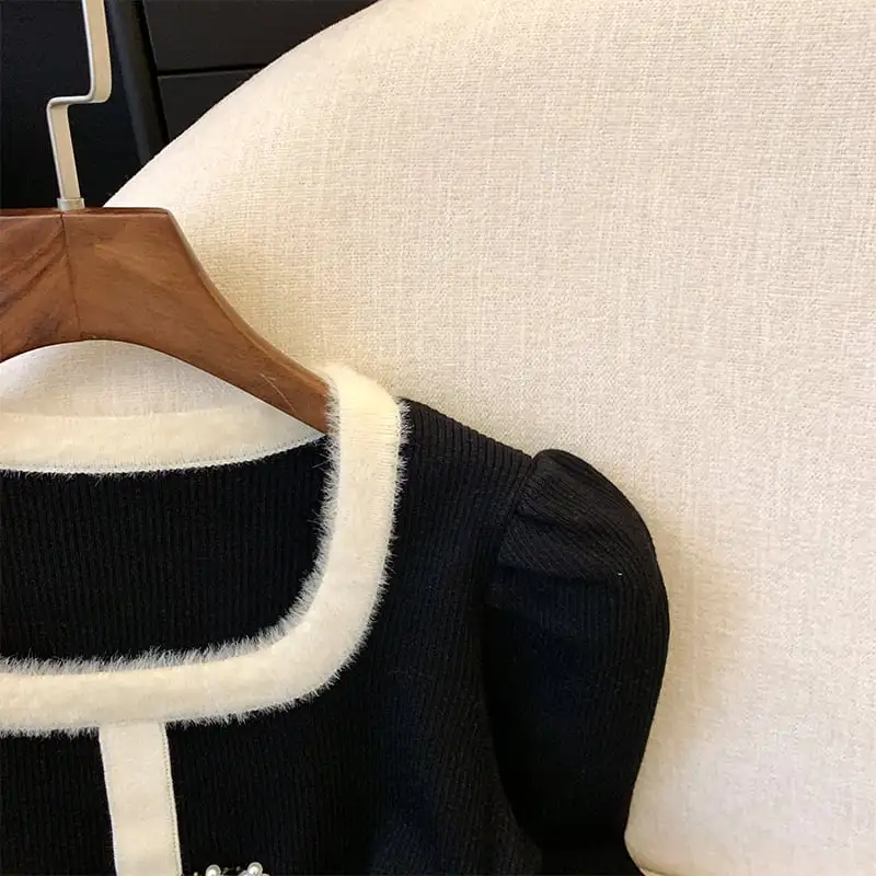 トップス セーター 2色展開 スクエアネック 配色 ブラック ベージュ S M L