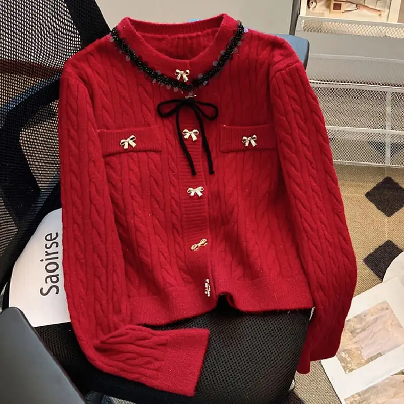 トップス セーター 2色展開 ニット 蝶結び 長袖 ホワイト レッド