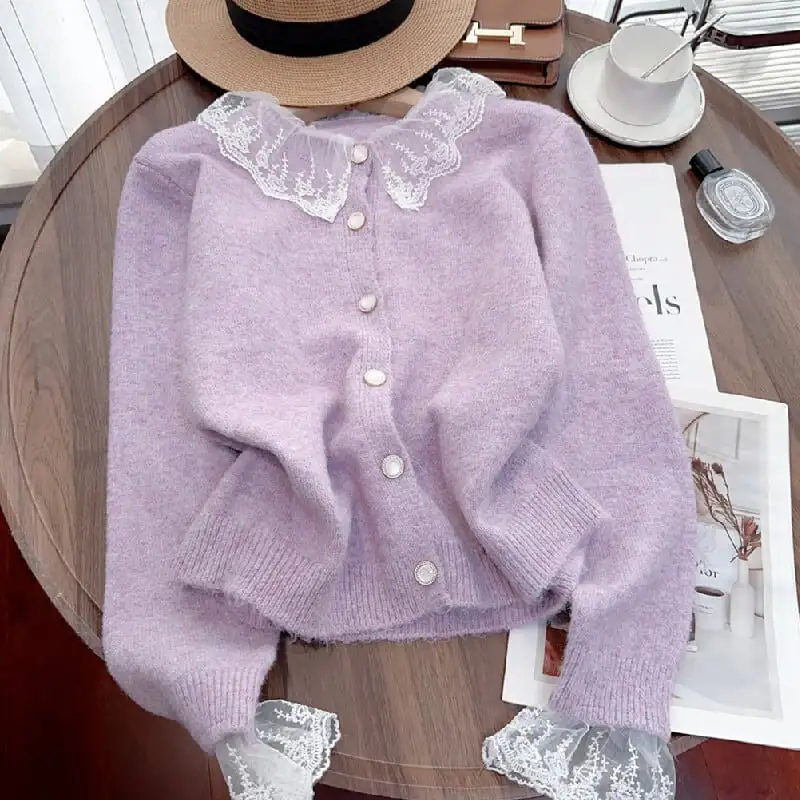 トップス セーター ニット 3色展開 レース ホワイト パープル グレー