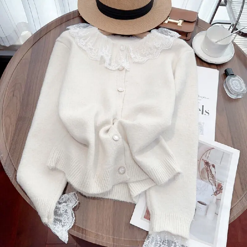 トップス セーター ニット 3色展開 レース ホワイト パープル グレー