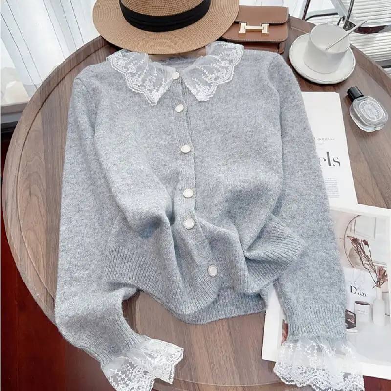 トップス セーター ニット 3色展開 レース ホワイト パープル グレー