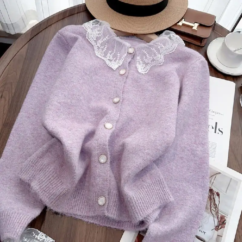 トップス セーター ニット 3色展開 レース ホワイト パープル グレー