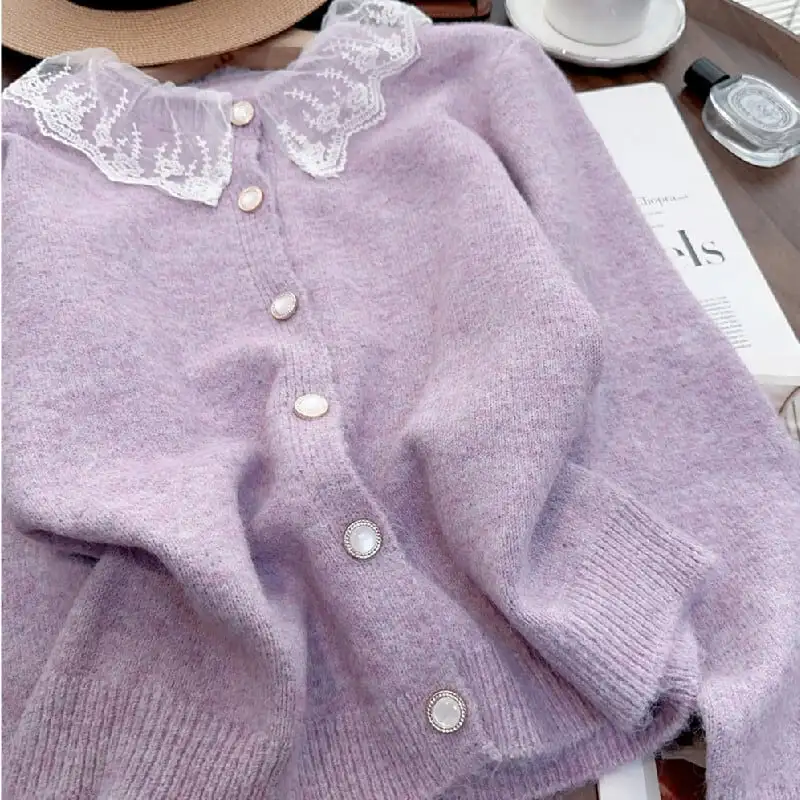 トップス セーター ニット 3色展開 レース ホワイト パープル グレー