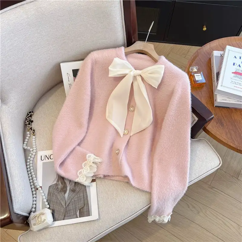 トップス セーター 2色展開 カーディガン 長袖 エレガント ピンク ベージュ S M L XL