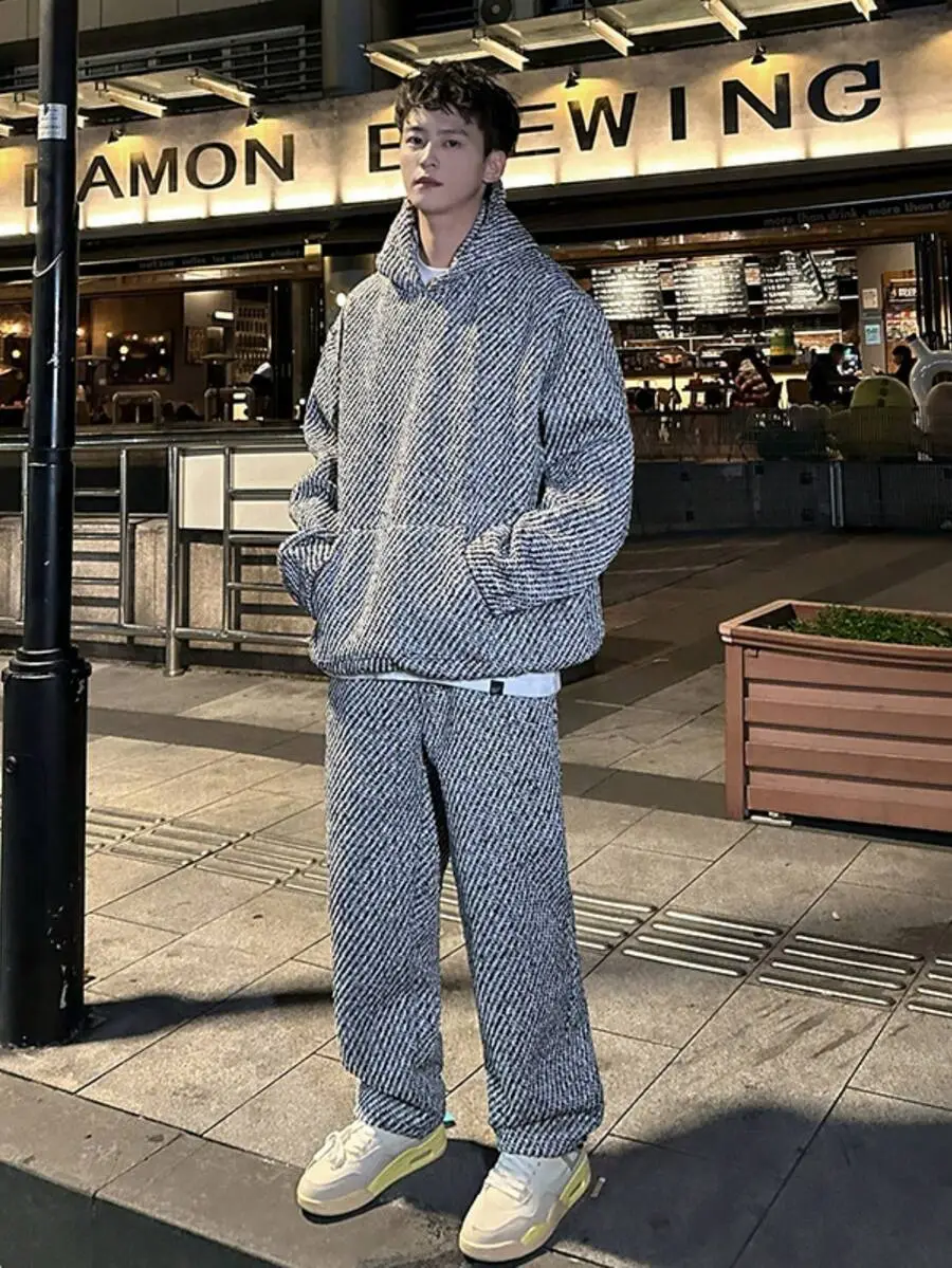 スウェットセットアップ 千鳥格 フード付き ポケット付き 長袖 パーカー ロングパンツ ワイドパンツ セットアップ