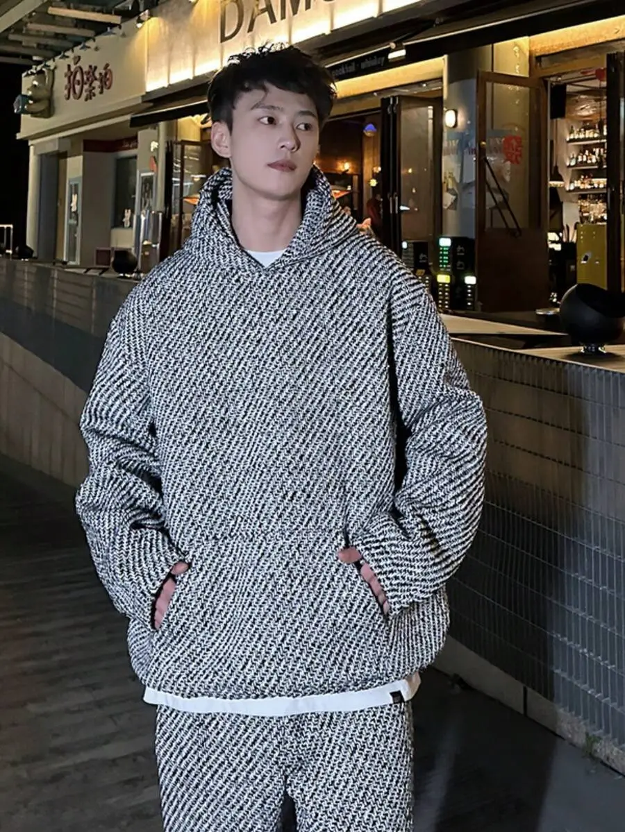 スウェットセットアップ 千鳥格 フード付き ポケット付き 長袖 パーカー ロングパンツ ワイドパンツ セットアップ