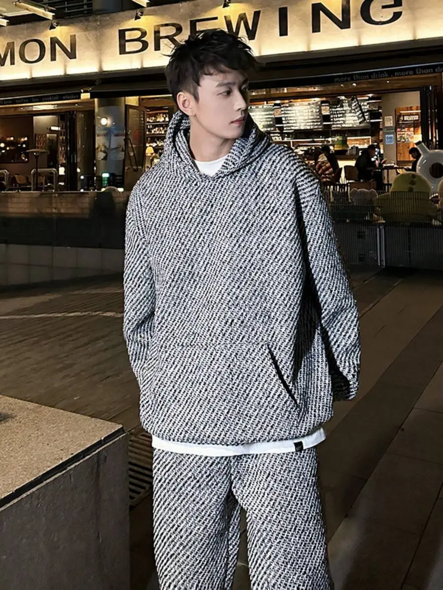 スウェットセットアップ 千鳥格 フード付き ポケット付き 長袖 パーカー ロングパンツ ワイドパンツ セットアップ